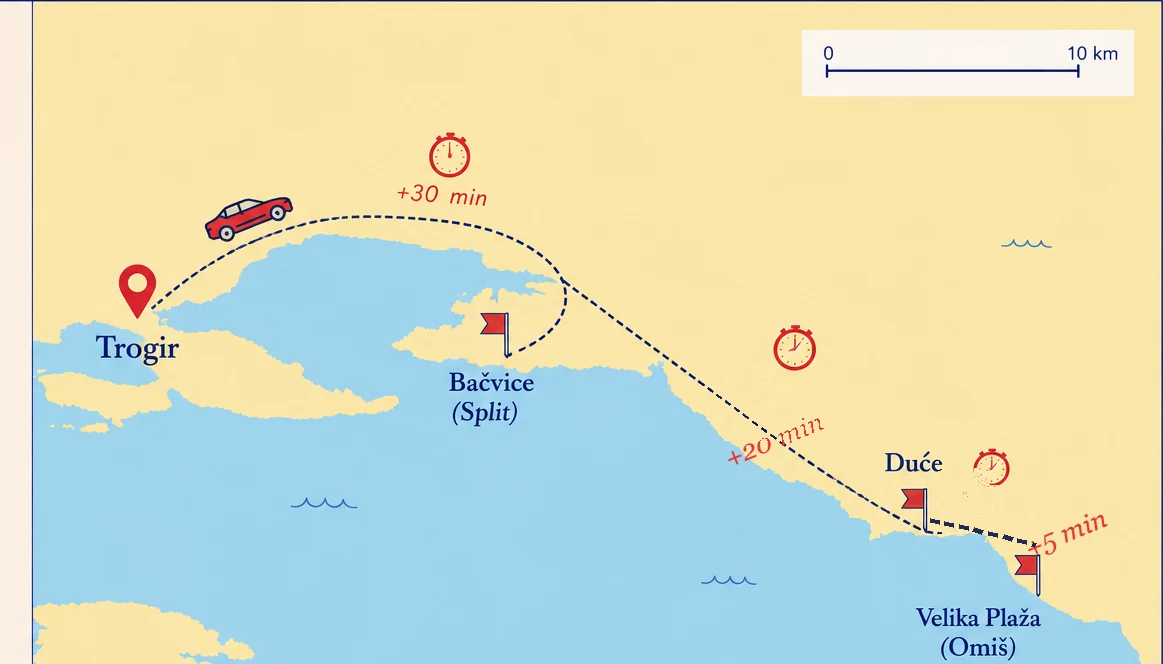 Illustrated map of the coast east of Trogir marking the three sandy beaches: Bačvice in Split about 30 minutes away, then Duće and Velika Plaža at Omiš about 50 minutes away